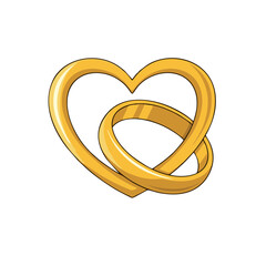 Gold wedding rings intertwined with heart shape for marriage and engagement concept