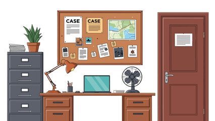 Interior of a detective's office with a desk, laptop, case files, and a corkboard with clues, a map, and photos.