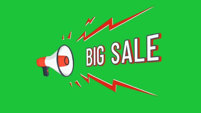 Animated big sale announcement with megaphone and lightning effects on green screen, ideal for promo ads, discounts, marketing videos