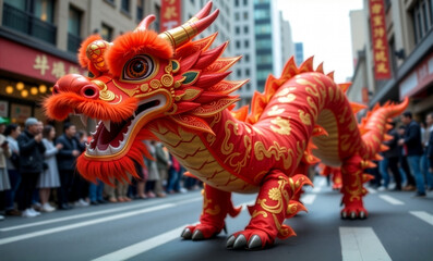 Vibrant Red Chinese Dragon Dance Float in Lunar New Year Street Parade