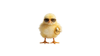 Obraz premium Cute easter chick wearing sunglasses and holding golden egg isolated on transparent background. Spring holiday character for sale banners and festive promotions.