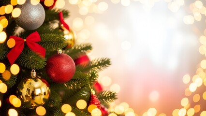 Close up view of vibrant Christmas tree decorations featuring shimmering ornaments and soft warm holiday bokeh lights