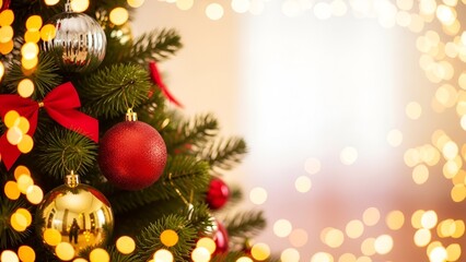 Close up of a beautifully decorated green pine Christmas tree branch adorned with bright ornaments and warm lights