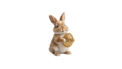 Cute easter bunny holding golden decorated egg isolated on transparent background. Spring holiday character for sale banners posters and festive seasonal promotions.