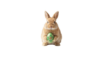 Obraz premium Cute easter bunny holding decorated egg isolated on transparent background. Spring holiday character for sale banners posters and festive seasonal promotions.
