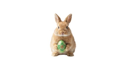 Cute easter bunny holding decorated egg isolated on transparent background. Spring holiday character for sale banners posters and festive seasonal promotions.