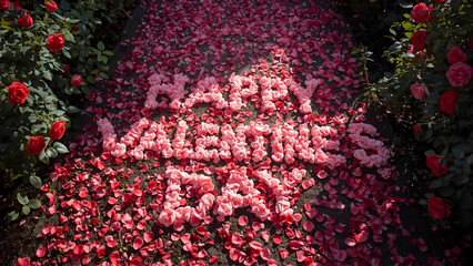  Rose garden path, petals forming letters spelling Happy Valentine&rsquo;s Day