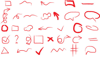 Collection of red hand-drawn doodle arrows, shapes, and markers
