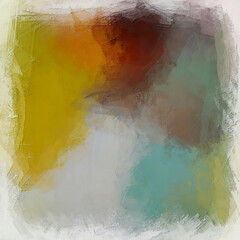 abstract painting composition with brush stroke details, dynamic shapes and blended shadow with vibrant colors of yellow, brown, orange mustard, blue green, maroon and ash blue gray