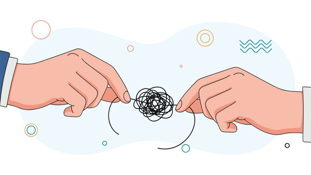 Two hands working together to untangle a complicated, messy knot of thread, symbolizing problem-solving and collaboration.