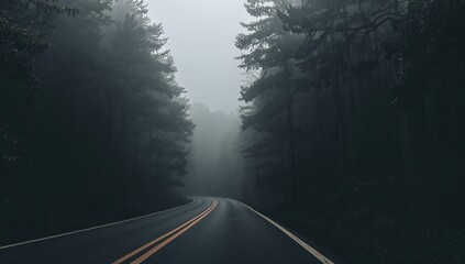 Atmospheric Nature Photography of Empty Road in Gloomy Foggy Woods