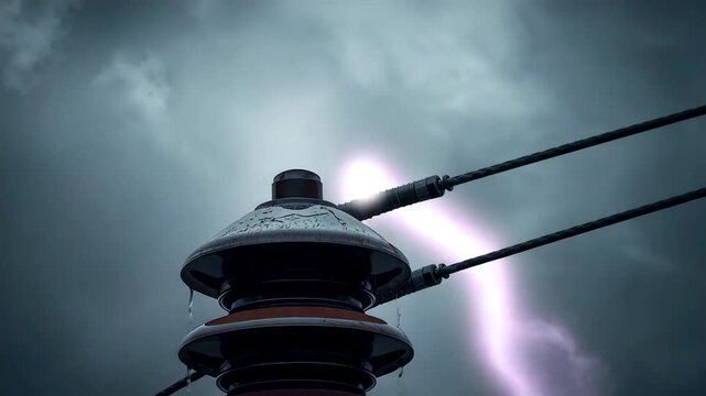 High voltage power insulator during thunderstorm with lightning strike illuminating electrical transmission infrastructure under dramatic storm clouds