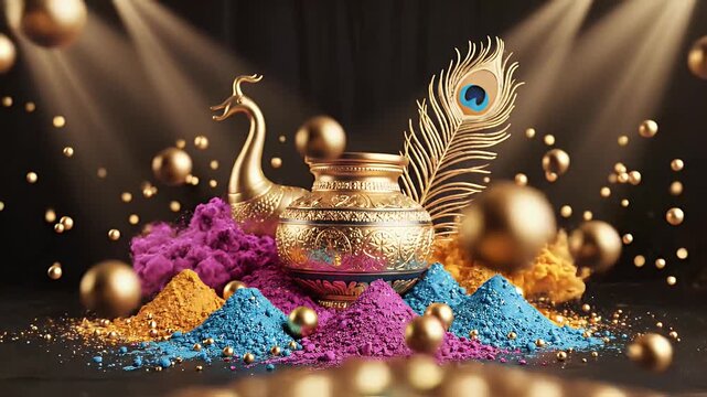 Rang Panchami luxury banner with symbolic elements floating on dark festive background