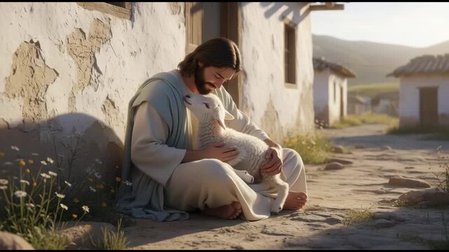 Jesus Christ sitting with a lamb on his lap, stroking its head while resting against a rustic wall, symbolizing gentle care