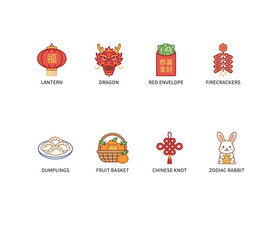 Chinese New Year Icons Set - Lantern, Red Envelope, Gifts, Firecrackers, Decorations Vector Icons for Lunar Festival NYC icon line pack