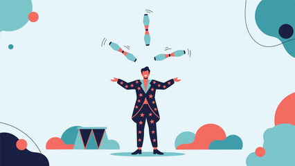 A smiling circus performer in a star-patterned suit skillfully juggling four clubs on a stage with abstract shapes.