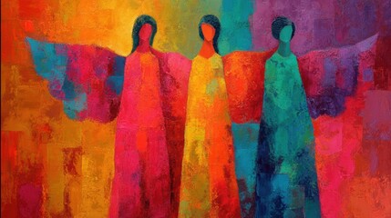 Three abstract figures with vibrant wings reaching out