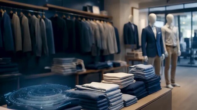 Modern clothing store interior with neatly folded apparel, hanging garments and mannequins creating an organized retail fashion environment