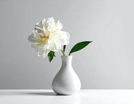 Elegant white peony flower in a minimalist white vase against a neutral background