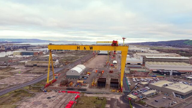 Wide anti-clockwise 4K 60FPS aerial video of the Samson and Goliath cranes at the Harland and Wolff site in Belfast, Northern Ireland in the UK. Produced with Rec709 color.