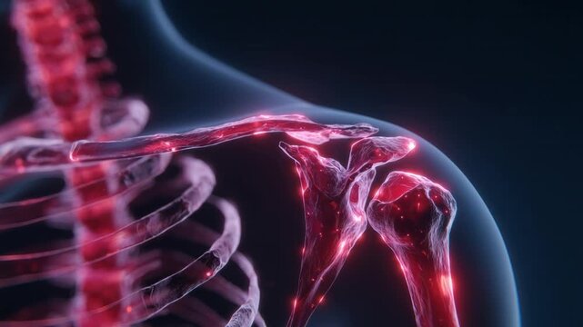 Detailed Shoulder Anatomy: An artistic representation highlights the intricate structure of the human shoulder, showcasing its skeletal framework and vital ligaments in a striking visual display.