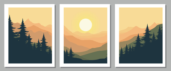 Serene mountain landscapes with pine trees at sunset