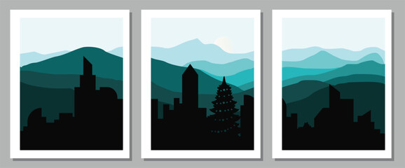 City skylines with mountain backdrops in modern graphic art style