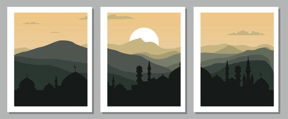 Silhouette of mosque against serene mountain landscape at sunset