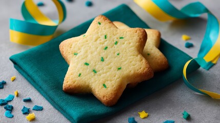 Overhead closeup of starshaped buttery cookies on teal napkin with colorful paper confetti and ribbons celebrating festive occasion