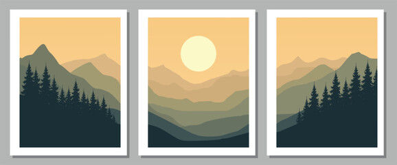 Minimalist mountain landscape illustrations with trees and sunset