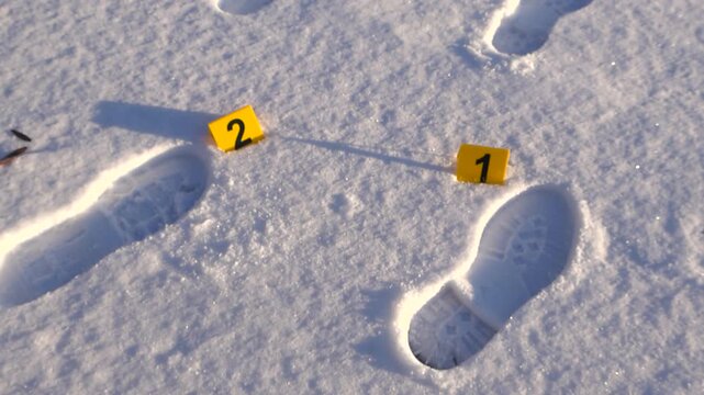 Slow top down orbit around footprints in white fluffy winter snow and forensic crime scene investigation markers placed next to the boot prints. Sunny day.