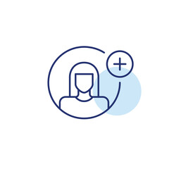 User profile update, paid membership. Adding new people to community. Female user avatar and plus. Pixel perfect, editable stroke vector icon