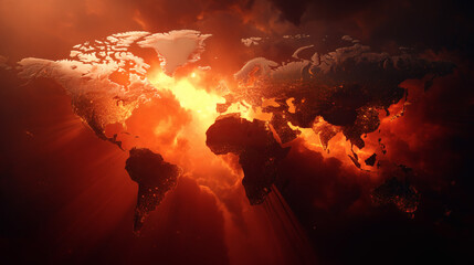 Global Geopolitical Conflict World Map with Dramatic Fire and Smoke Effects