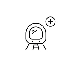 Subway train and plus. Routes and service expansion, new lines added. Public transportation. Pixel perfect, editable stroke vector icon