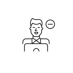 Man working at laptop and minus symbol. Session end, user offline, account pause. Pixel perfect, editable stroke vector icon