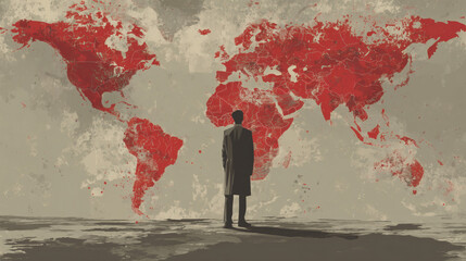Man Standing in Front of Red World Map Conceptual Illustration
