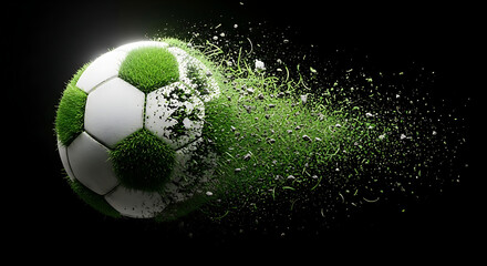 Fototapeta premium Dynamic soccer ball, partly green grass, bursting into energetic particles, symbolizing speed and power in sports action against a dark backdrop