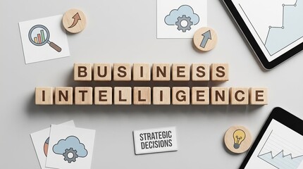 Wooden cubes spelling “Business Intelligence” on modern desk, analytics charts, strategic decision concept