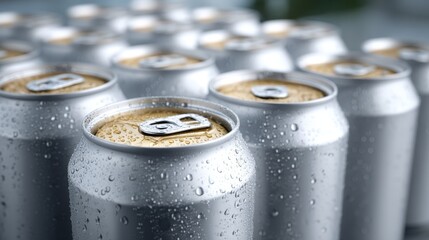 Overhead of opened aluminum beverage cans with condensation droplets in neat rows, metallic surfaces glistening, copy space on right, vibrant and fresh visual