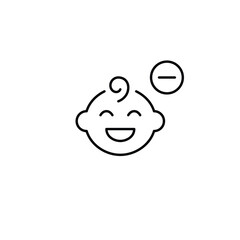 Smiling baby boy and minus symbol. Care reduced, parenting unavailable. Pixel perfect, editable stroke vector icon