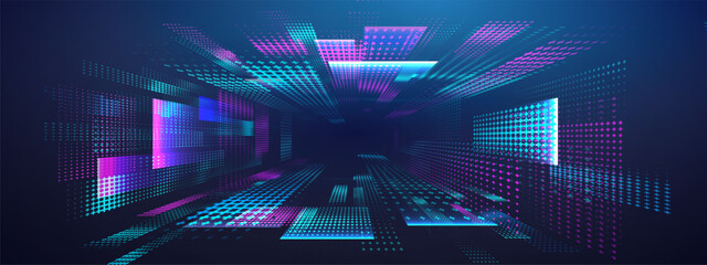 Quantum tunnel with LED wireframe and wormhole for cyber background. Speed art and vector for concept design. Digital grid and tech for virtual event art.