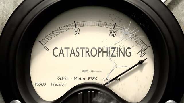 Catastrophizing meter showing big levels of catastrophizing. Dangerously increasing high values of catastrophizing, critical overload. Too much, off the charts. Max catastrophizing