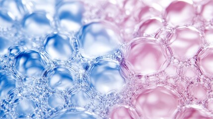 Vibrant iridescent water bubbles gracefully floating in clear liquid showcasing stunning blue and pink hues and abstract patterns.