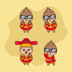 Cheerful monkey character in red chinese costume with finger heart gesture. Vector illustration. EPS 10.