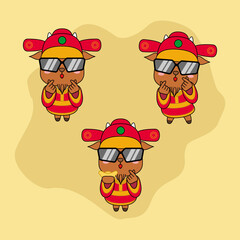 Cheerful goat character in red hinese costume with finger heart gesture. Vector illustration. EPS 10.