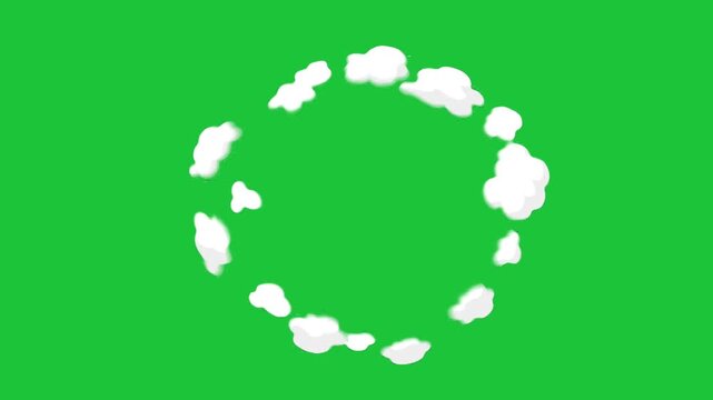 Animated white smoke ring forming a circular loop on green screen, soft cartoon clouds ideal for transitions, effects, and overlays