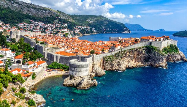 Aerial View of Dubrovniks Historic City Walls and Coastal Scenery Under a Sunny Sky.