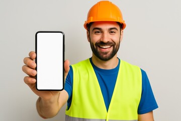 Smiling construction worker in safety gear showing blank mobile phone screen for app promotion or digital service concept on plain background. Ai generative