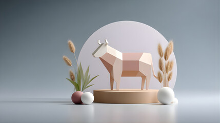 Abstract Geometric Bull Sculpture with Pastel Background and Natural Elements