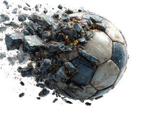 Football shattered into flying fragments after a powerful impact